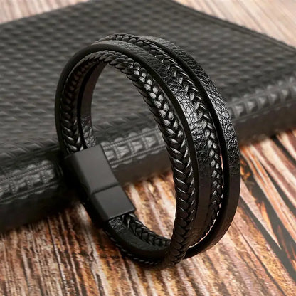 Bracelet en Cuir Tissé Main Multi-Couches pour Homme - Combinaison Classique Punk