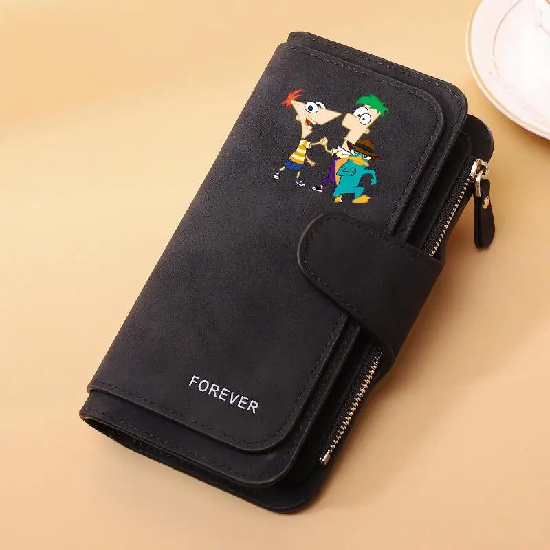 Portefeuille Long Phineas et Ferb Cuir PU - 15 Porte-Cartes Zip pour Enfants