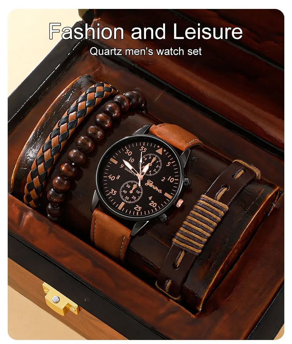 SHAARMS Montre Quartz Homme — Bracelet Cuir, Cadran Rond, Coffret Cadeau