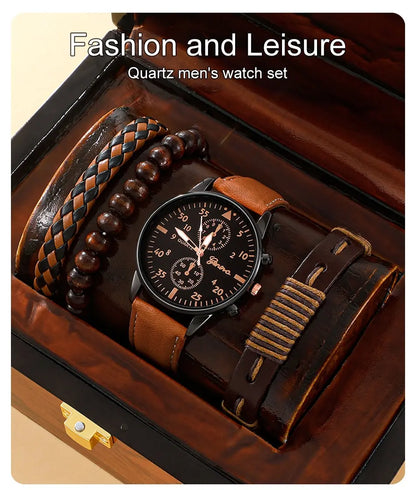 SHAARMS Montre Quartz Homme — Bracelet Cuir, Cadran Rond, Coffret Cadeau