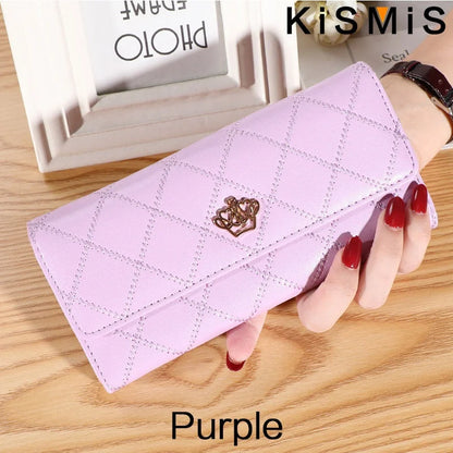 Portefeuille Femme Long Cuir PU Carreaux Rose - Porte-Carte Téléphone Hasp Poche Monnaie Élégant