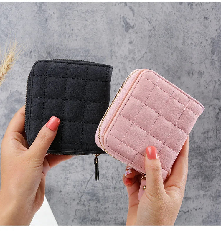 Portefeuille Court Femme Cuir PU à Carreaux - Petit Porte-Cartes Zip avec Porte-Monnaie