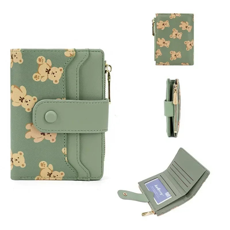 Portefeuille Femme Court Ourson Mignon - Bifold Cuir PU Porte-Cartes Zipper Bleu