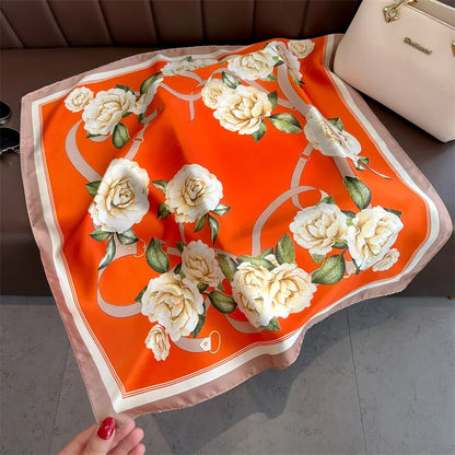 Foulard Carré Soie 70cm Imprimé Rose Femme - Écharpe Printemps Été Headscarf Bandana