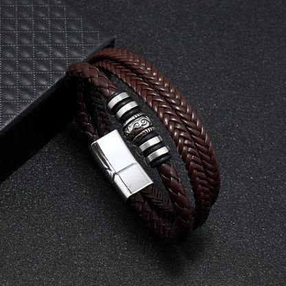 Bracelet Cuir Multicouche Tressé Homme – Acier Inoxydable 21 cm 14 Coloris Cadeau