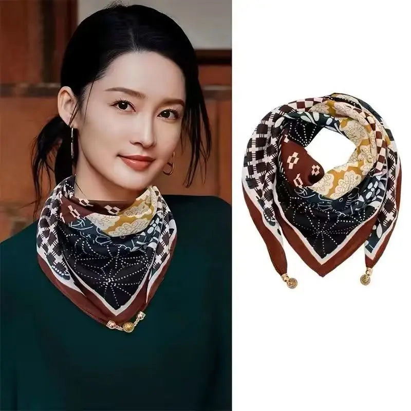 Luxury Square Scarf with Magnetic Buckle for Women - Silk Triangle Cross Scarf