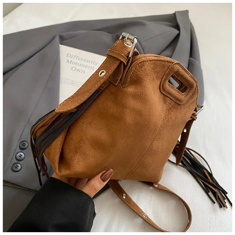 Sac à Main Femme Daim Vintage Style Français - Sac Bandoulière Épaule Glands Café