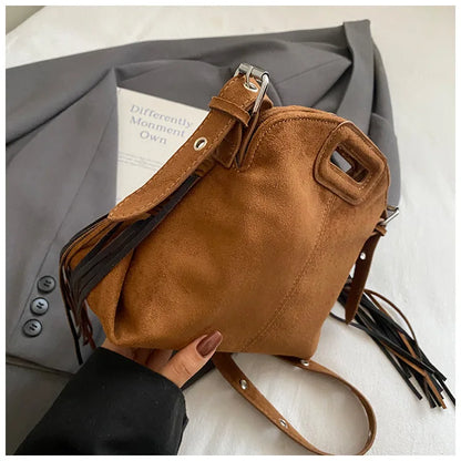 Sac à Main Femme Daim Vintage Style Français - Sac Bandoulière Épaule Glands Café