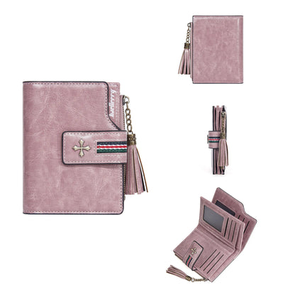 Portefeuille Femme Cuir Ciré Glands - Porte-Monnaie Tri-Fold Multi-Fentes Fermeture Éclair