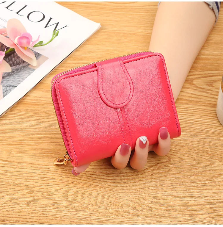 Portefeuille Femme Cuir Bifold Court Rose - Wallet Porte-Cartes Zipper Coin Pouch