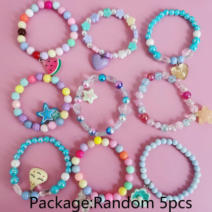 Ensemble 5 Bracelets Perles Licorne Cartoon Cœur Étoile – Élastique Candy Coloré Filles