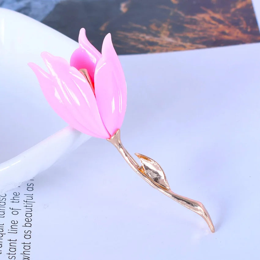 Broche Fleur Tulipe Émaillée Rose Blanc Luxueuse – Pin's Élégant Romantique Femme