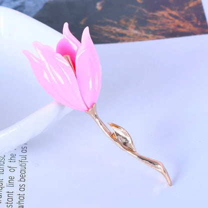 Broche Fleur Tulipe Émaillée Rose Blanc Luxueuse – Pin's Élégant Romantique Femme