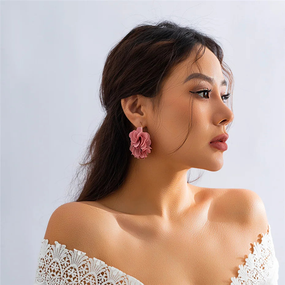 Boucles d'Oreilles Créoles Rose Tissu Pendentif Bohème – Kpop Colorées Y2K Soirées Femme
