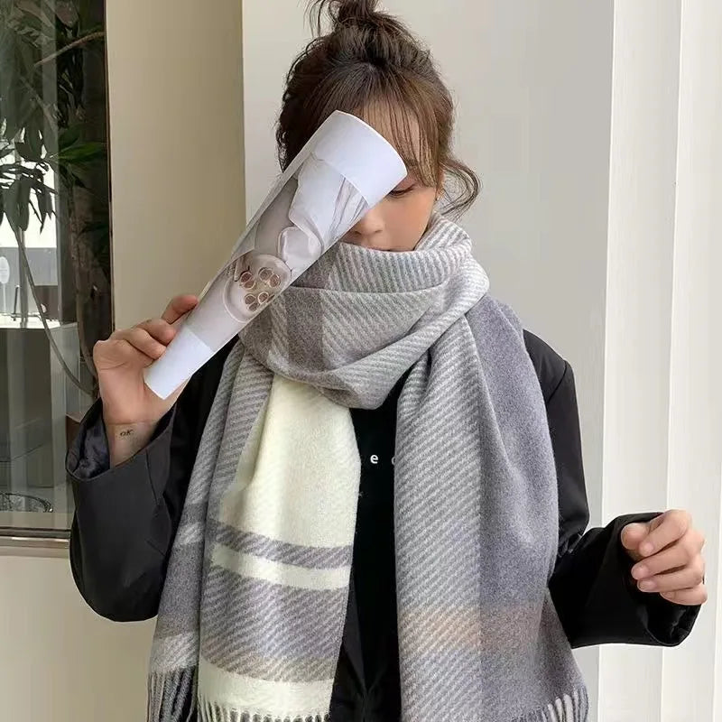 Foulard Écharpe Cachemire Carreaux Femme Hiver - Châle Chaud 175x60cm Gris
