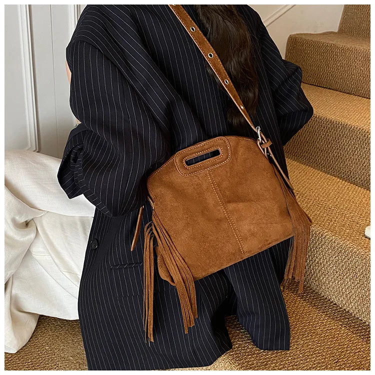 Sac à Main Femme Daim Vintage Style Français - Sac Bandoulière Épaule Glands Café