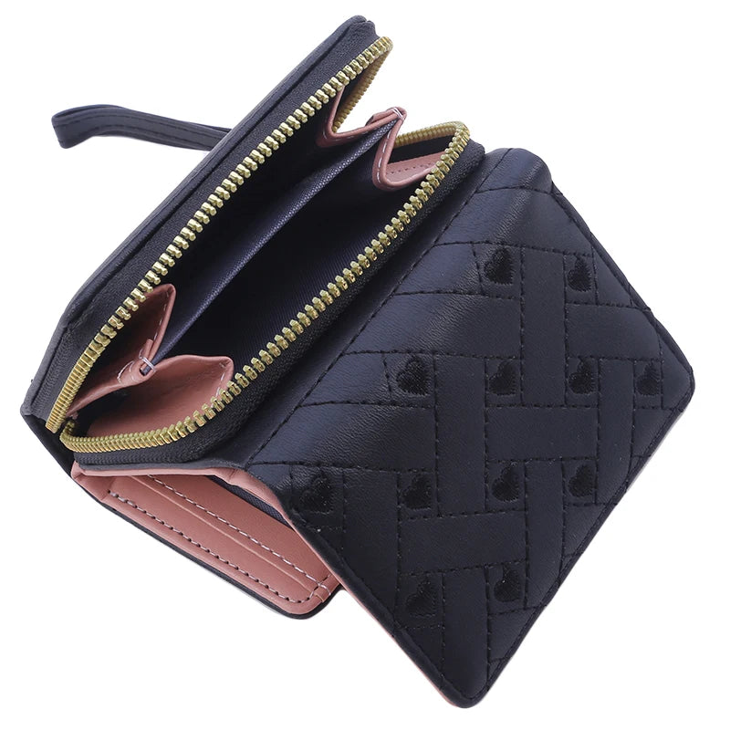 Portefeuille Femme Court Trifold Cuir PU Broderie Amour - Porte-Carte Multi-Poches Fashion Minimaliste Noir
