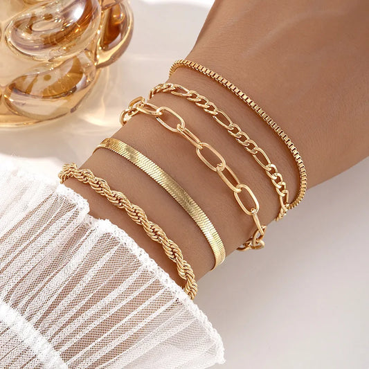 Set de 5 Bracelets Chaînes Minimalistes Bohèmes - Multi-Rangs Géométriques