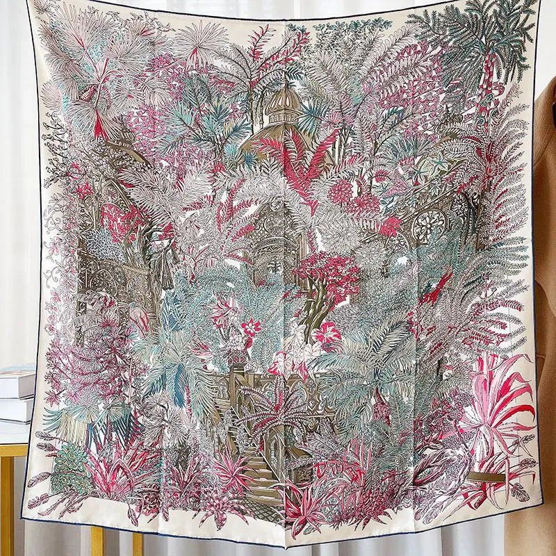 Foulard Carré Soie 100% Pure 90cm Neckerchief Femme - Châle Bandana Luxe Rose Vert