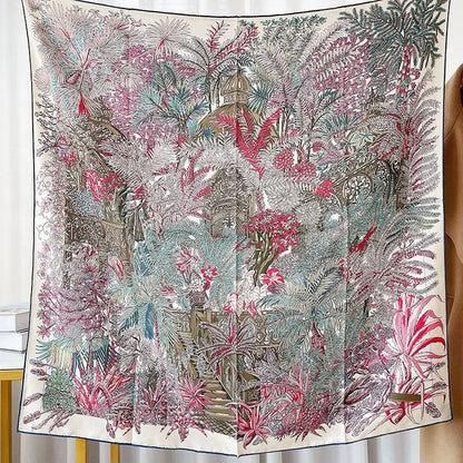 Foulard Carré Soie 100% Pure 90cm Neckerchief Femme - Châle Bandana Luxe Rose Vert