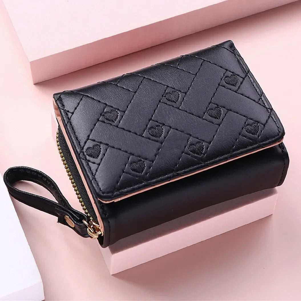 Portefeuille Femme Mignon Cœur Brodé Cuir PU - Trifold Multi-Cartes avec Porte-Monnaie
