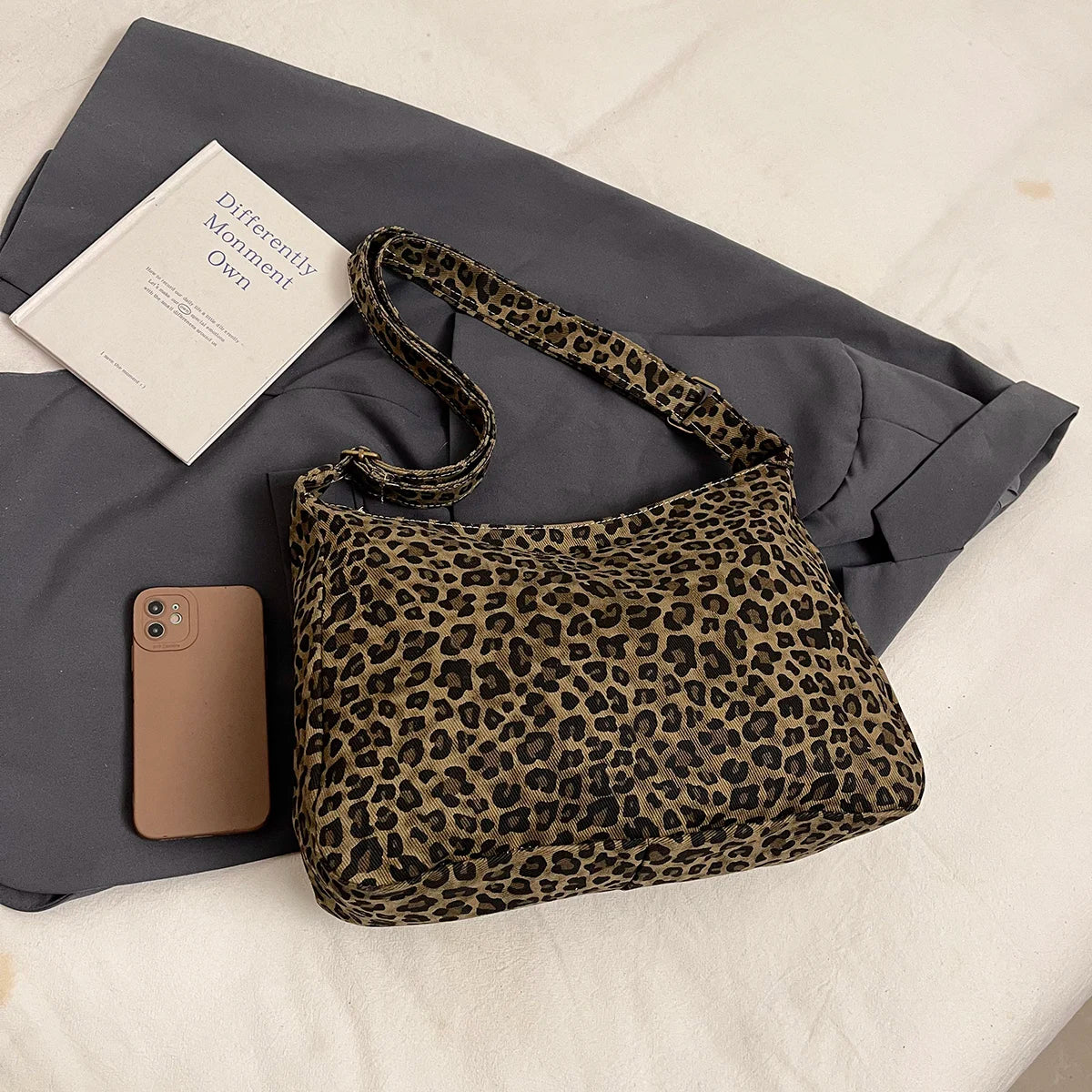 Sac Bandoulière Femme Textile Souple Imprimé Léopard - Sac Épaule Rétro Grande Capacité Casual