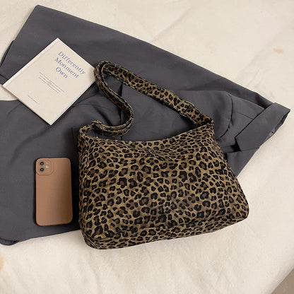 Sac Bandoulière Femme Textile Souple Imprimé Léopard - Sac Épaule Rétro Grande Capacité Casual