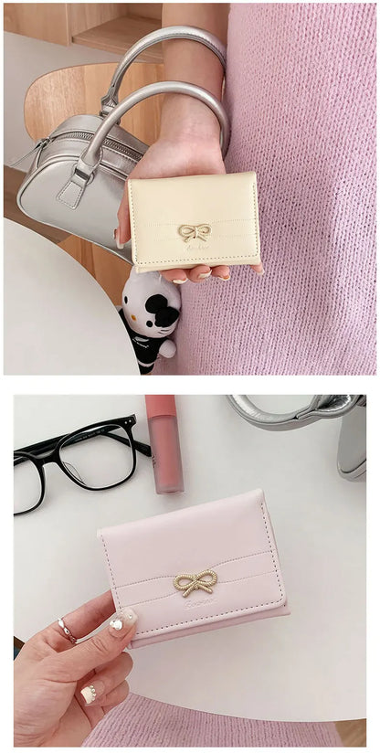 Portefeuille Femme Nœud Rose Compact - Porte-Cartes Tri-Fold Étudiant Mignon