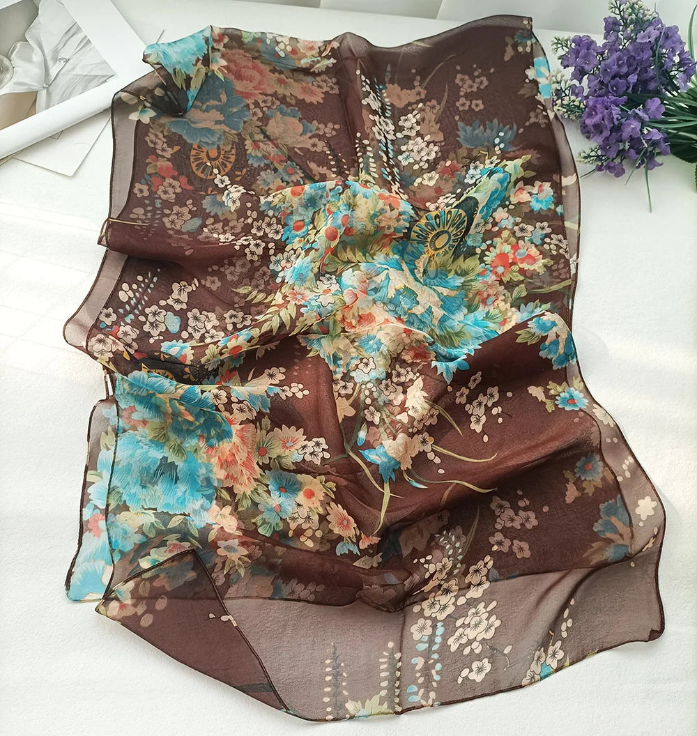 Foulard Écharpe Mousseline Georgette Femme Fleur Prune - Bandana Été Léger Respirant