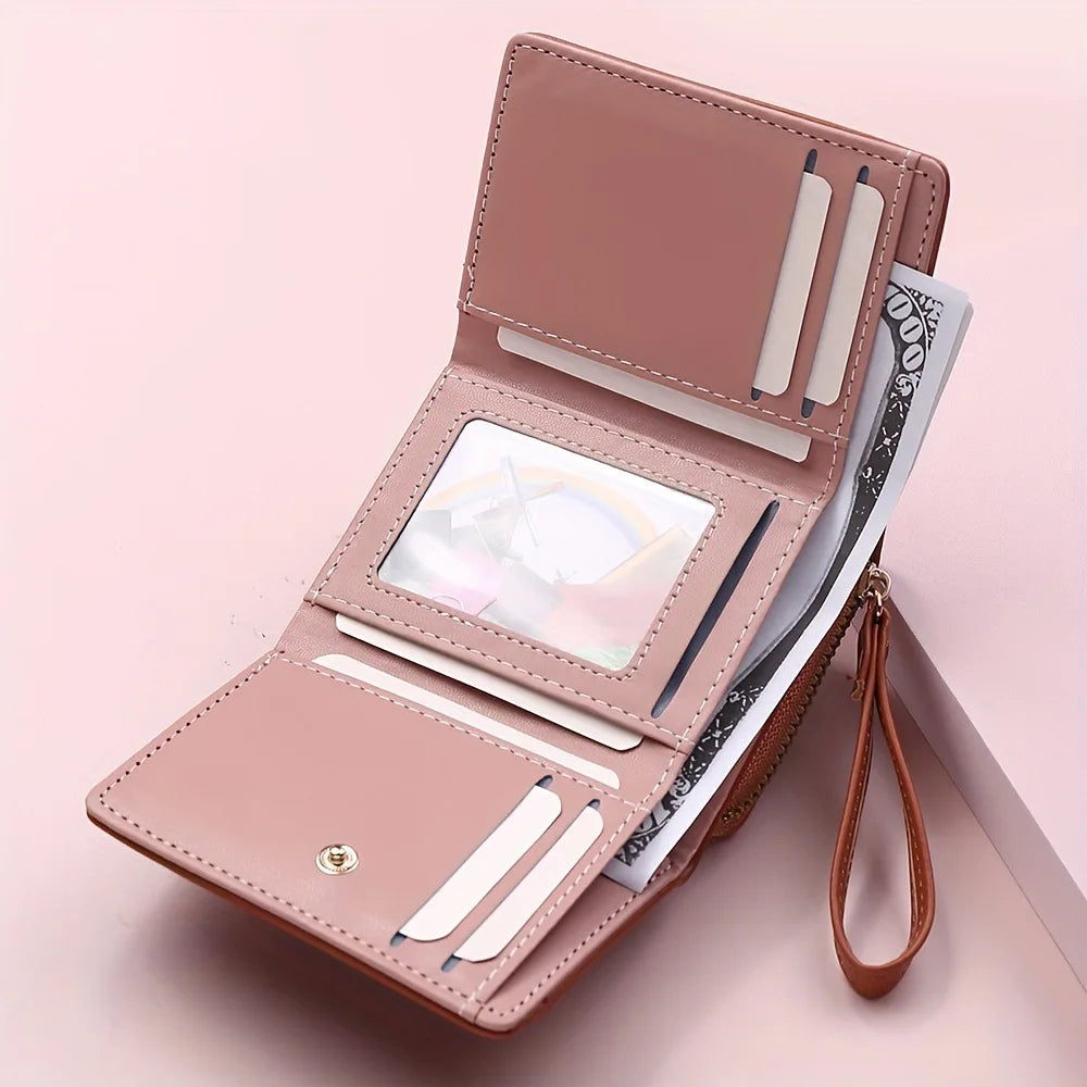 Portefeuille Femme Cuir PU Marron - Porte-Monnaie Zippé Court avec Porte-Carte pour Homme et Femme