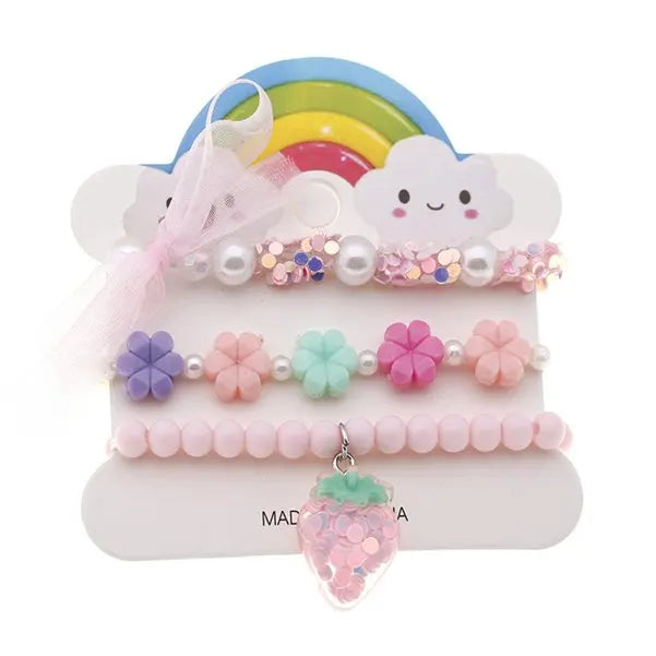 Ensemble 3 Bracelets Perles Cartoon Mignons Enfants – Princesse Licorne Fruits Chat Filles