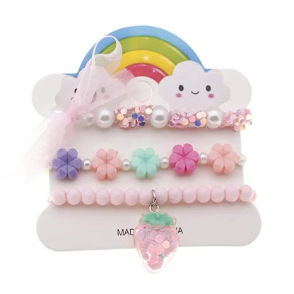 Ensemble 3 Bracelets Perles Cartoon Mignons Enfants – Princesse Licorne Fruits Chat Filles