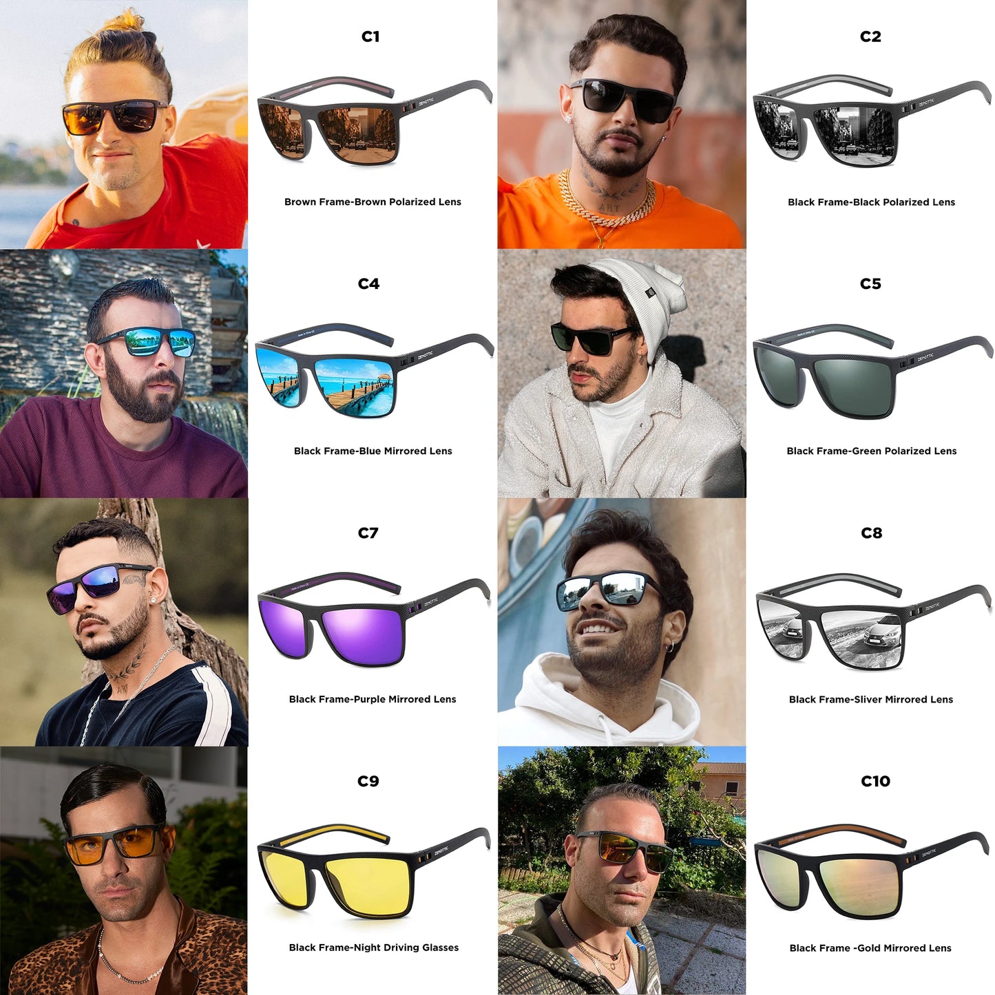 ZENOTTIC Lunettes de Soleil Polarisées Carrées — TR-90 Léger, UV400, Unisexe