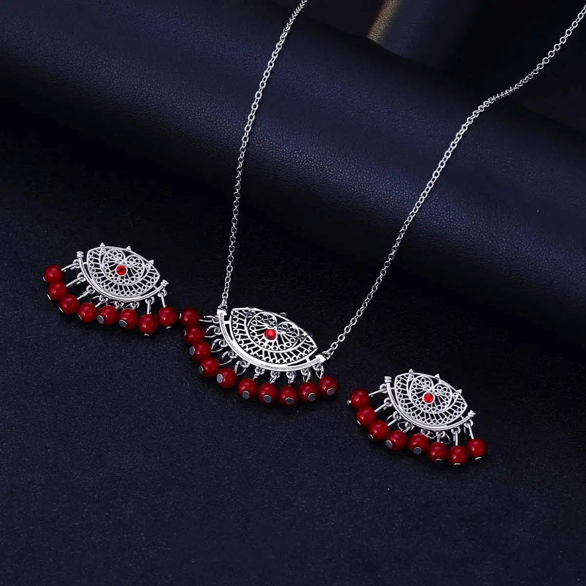 Ensemble Bijoux Indien Cristal Pompons – Collier Boucles Jhumka Mariée