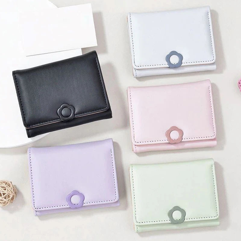 Portefeuille Femme Tri-Fold Cuir PU Bouton Fantaisie - Porte-Cartes Court Porte-Monnaie