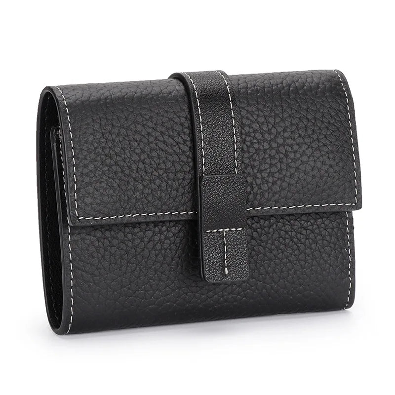Portefeuille Femme Court Cuir Véritable Trifold - Porte-Monnaie Zippé Grande Capacité Contraste Marron
