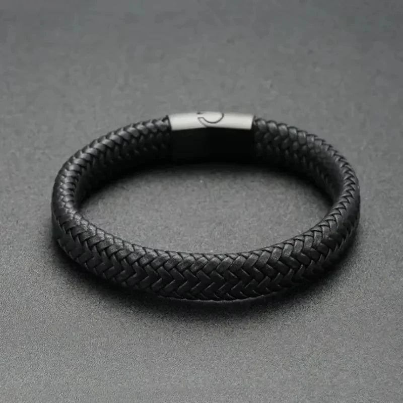 Bracelet Cuir PU Noir Magnétique Homme – Maturité & Élégance Masculine