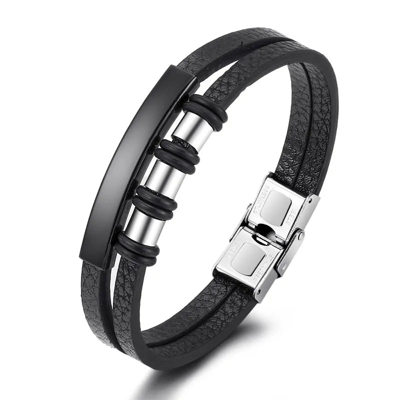 Bracelet Enroulé en Cuir pour Homme avec Charm en Acier Inoxydable
