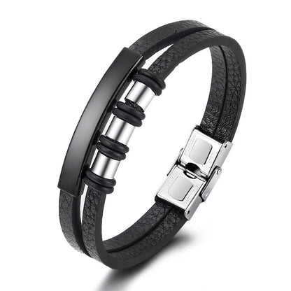 Bracelet Enroulé en Cuir pour Homme avec Charm en Acier Inoxydable