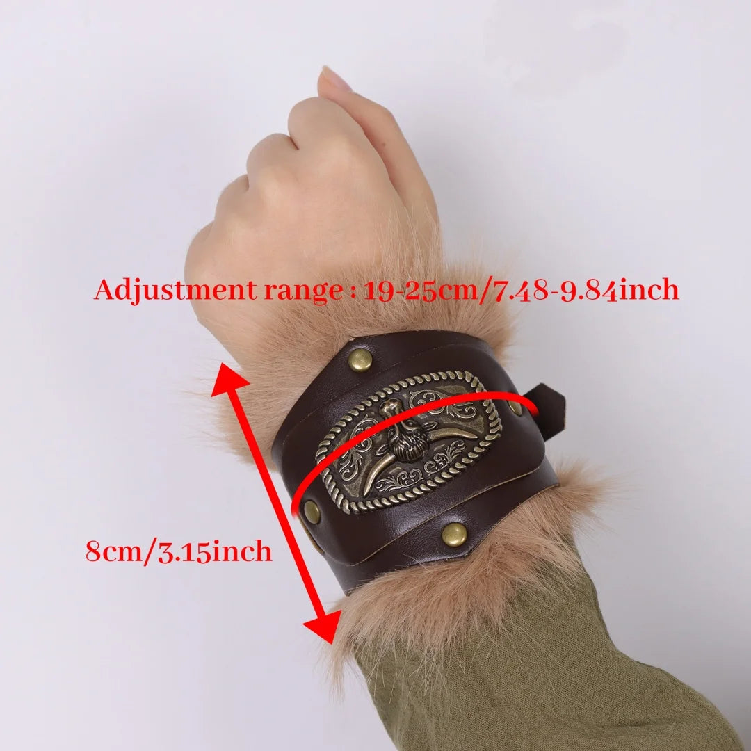 Bracelets Médiévaux en Cuir Synthétique avec Bordure en Fourrure - Cosplay & Costume
