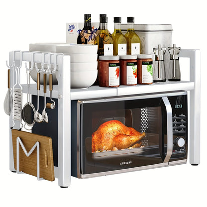 Étagère Extensible pour Micro-Ondes 40-64cm avec 6 Crochets - Rangement Cuisine 3 Niveaux