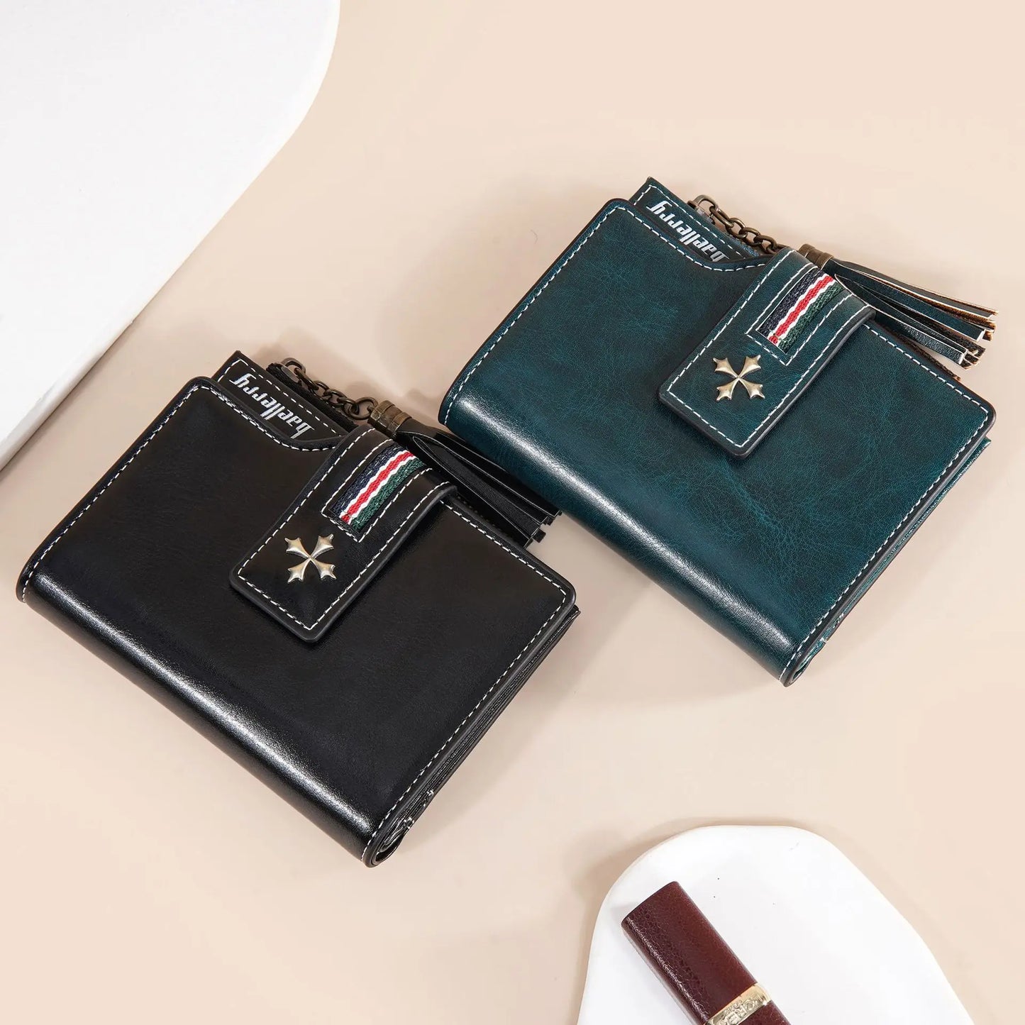 Portefeuille Femme Cuir Ciré Glands - Porte-Monnaie Tri-Fold Multi-Fentes Fermeture Éclair