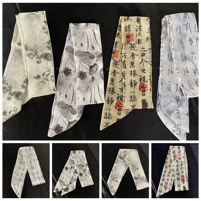 Foulard Soie Chinois Élégant - Bandeau Ruban Rose Imprimé Long Femme