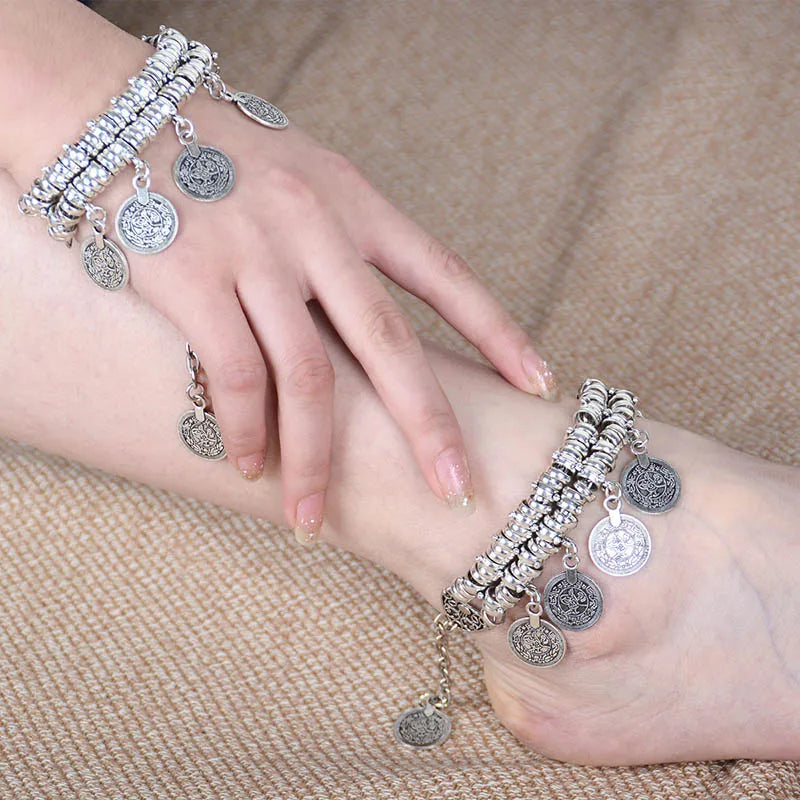 Bracelet Cheville Bohème Pièces Vintage – Double Usage Ajustable Femme
