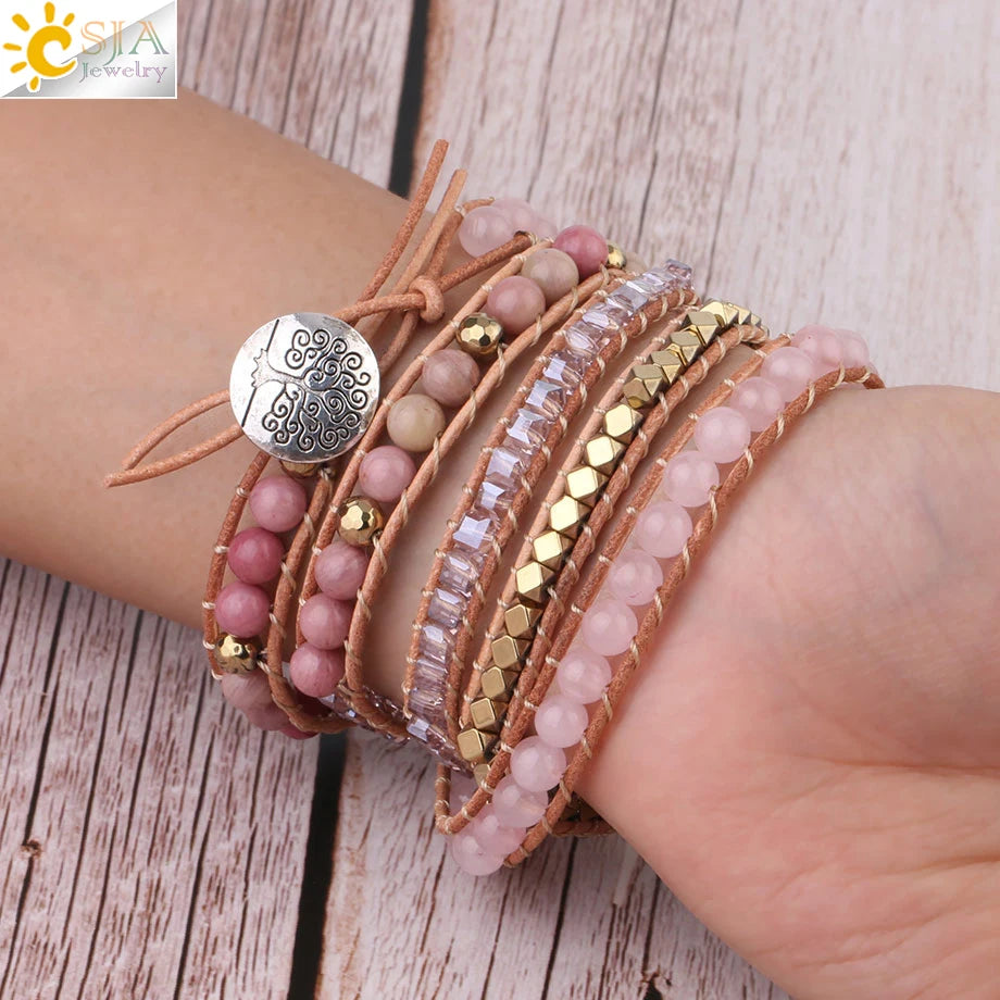 Bracelet Wrap Quartz Rose Cuir – Pierre Naturelle Bohème Multicouche