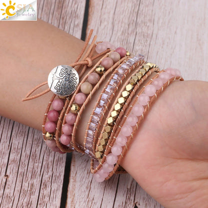Bracelet Wrap Quartz Rose Cuir – Pierre Naturelle Bohème Multicouche