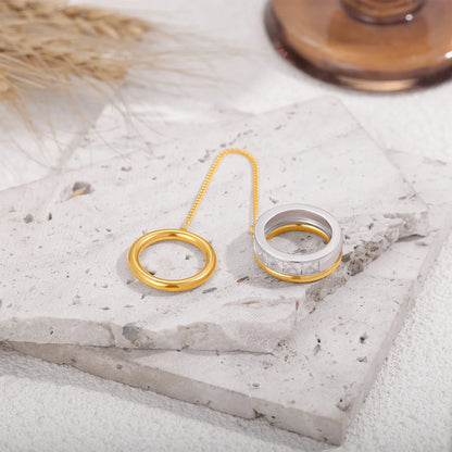 Bague Double Chaîne Plaquée Or 18K — Zircon, Acier Inoxydable, Tailles US6-8