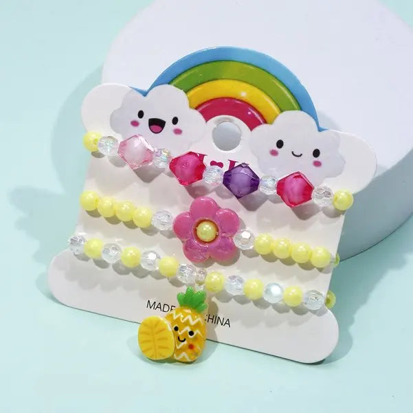 Ensemble 3 Bracelets Perles Cartoon Mignons Enfants – Princesse Licorne Fruits Chat Filles