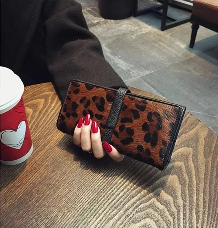 Portefeuille Femme Cuir Véritable Léopard Noir - Clutch Luxe Designer Long 2026