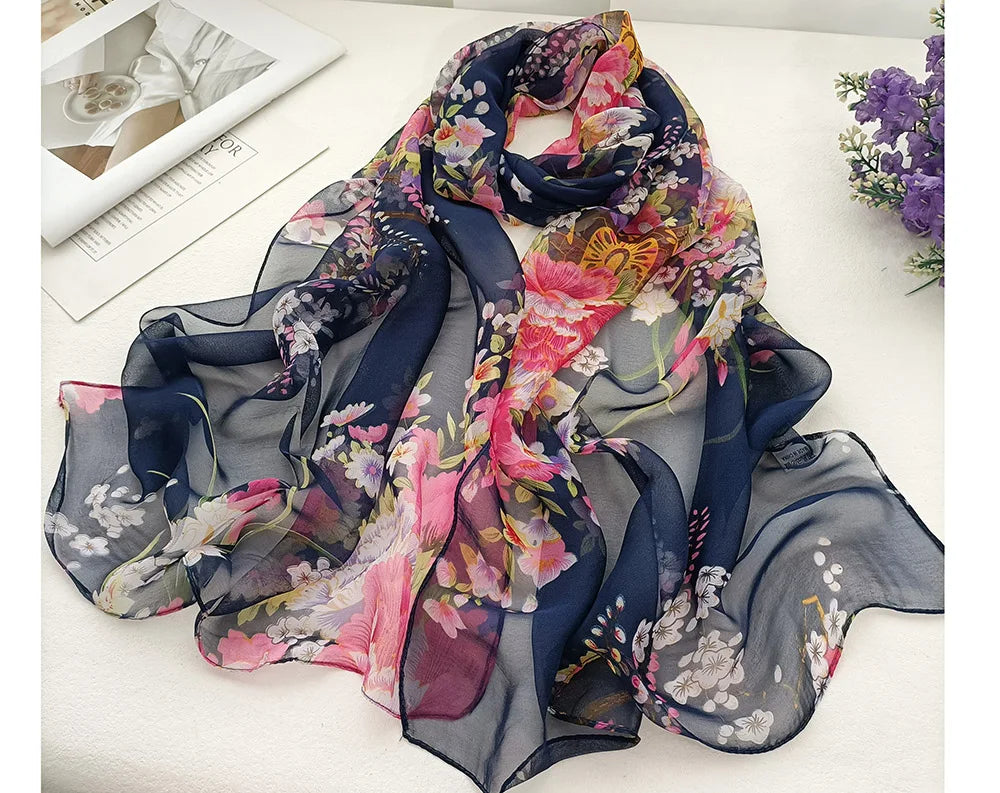 Foulard Écharpe Mousseline Georgette Femme Fleur Prune - Bandana Été Léger Respirant